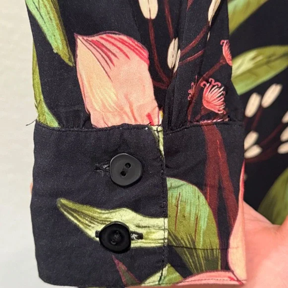 Farm Rio Floral Long Sleeve Maxi Dress Large Black Green Collar Pockets Buttons - Picture 5 of 9